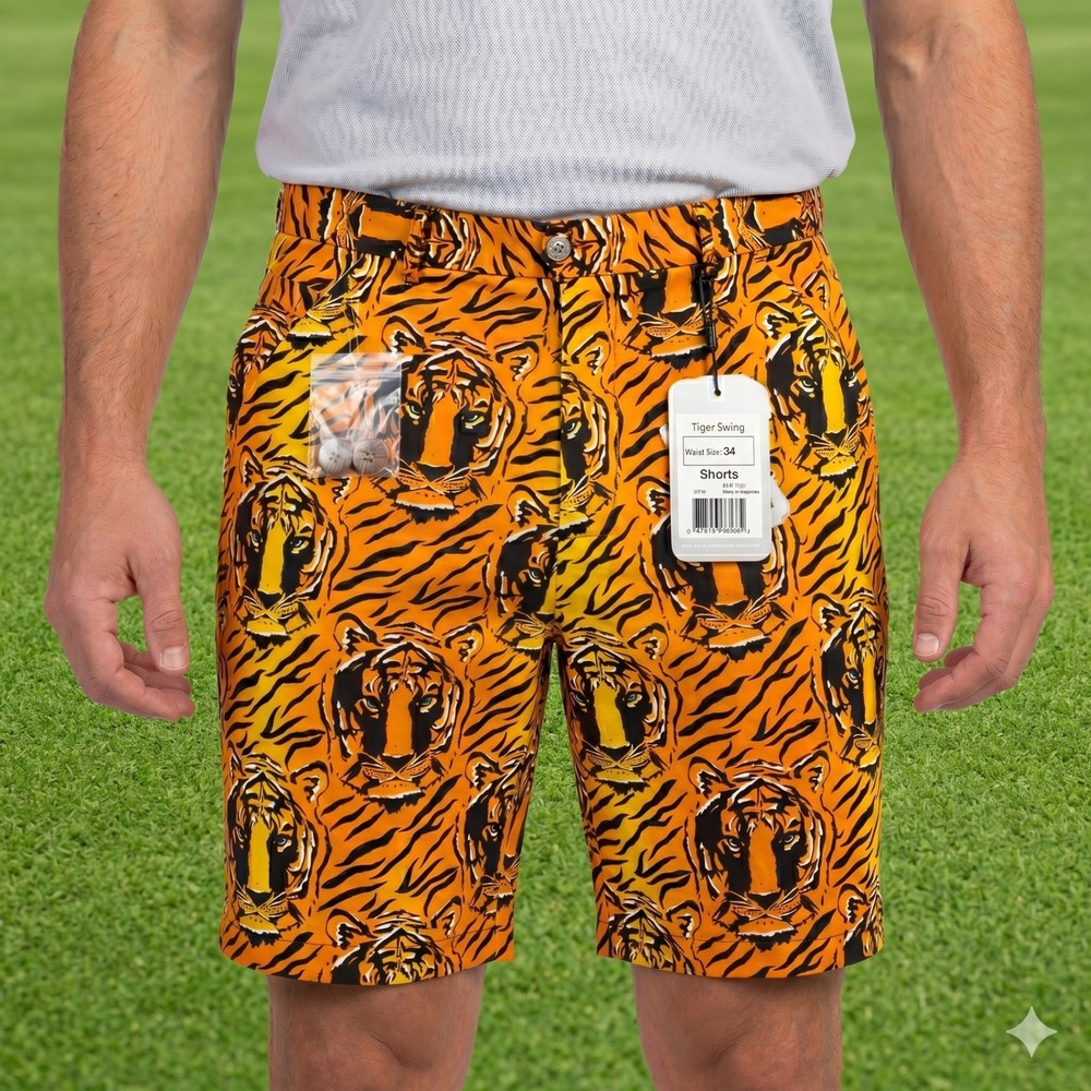 Wild Tiger Swing Royal & Awesome Men's Golf‎ Shorts 34 Orange Yellow NWT